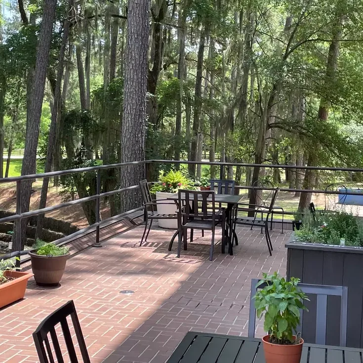 Brick patio seating at Rice's Café